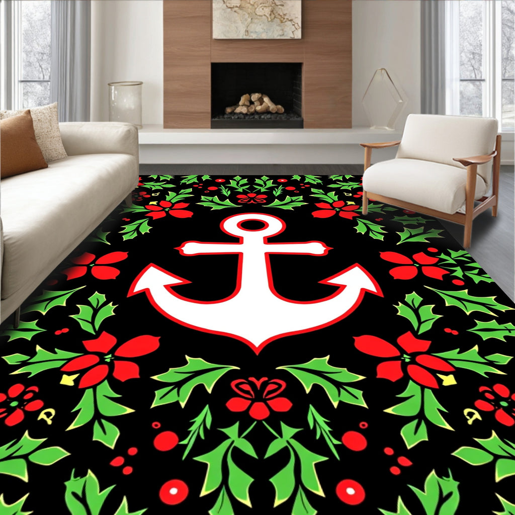 Nautical Anchor Red Floral Garland Rug