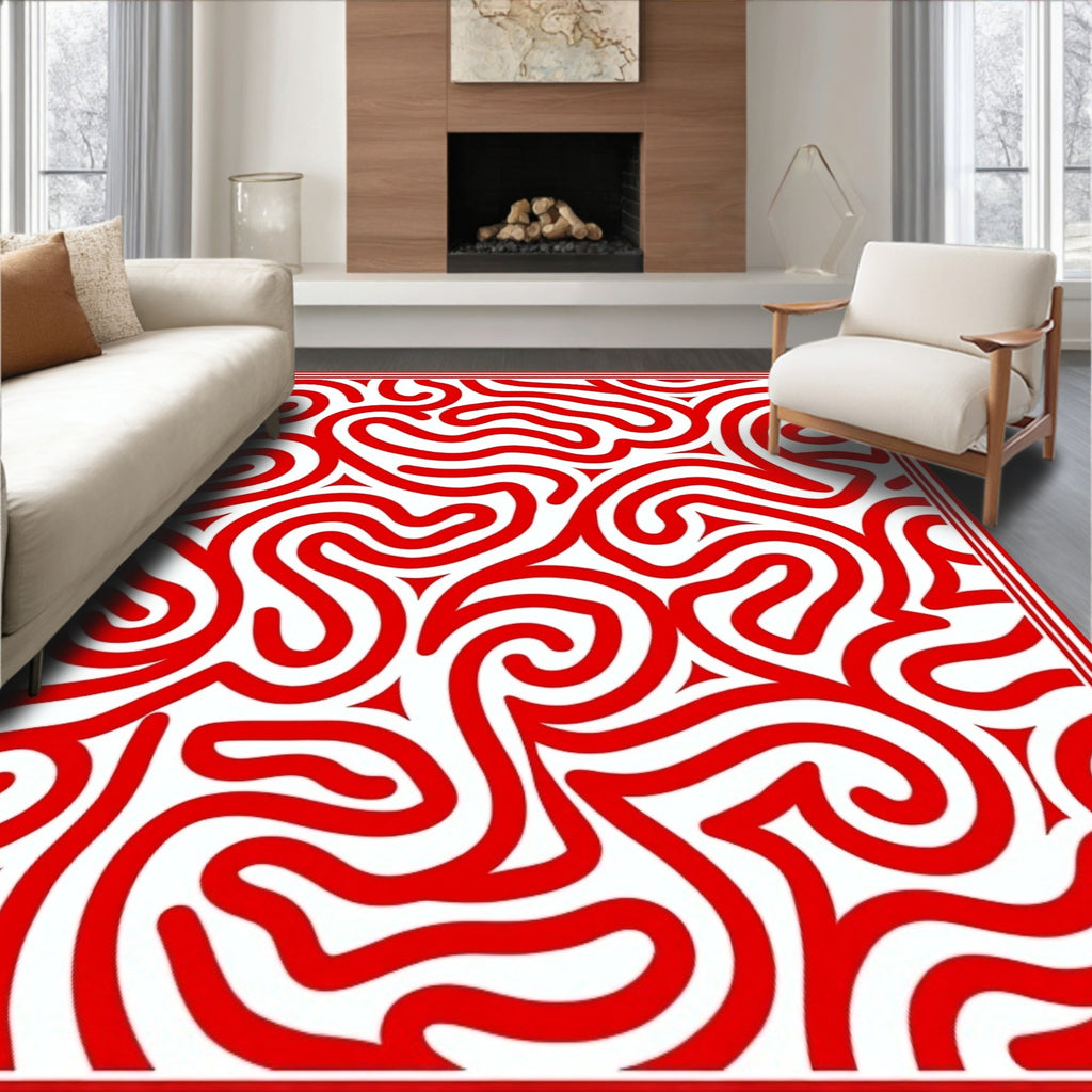 Fiery Red Labyrinth Curves Rug