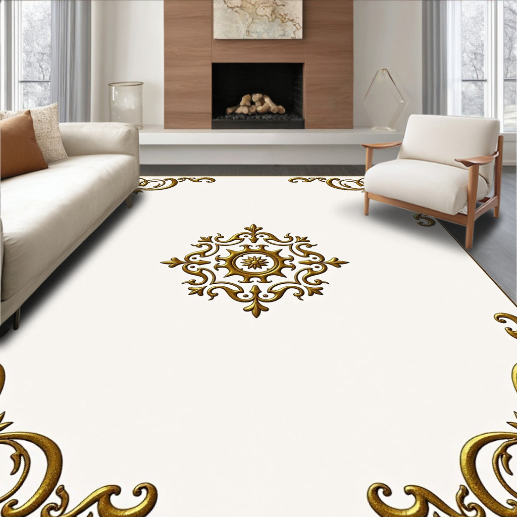 Ornate Gold Medallion Corner Accents Rug