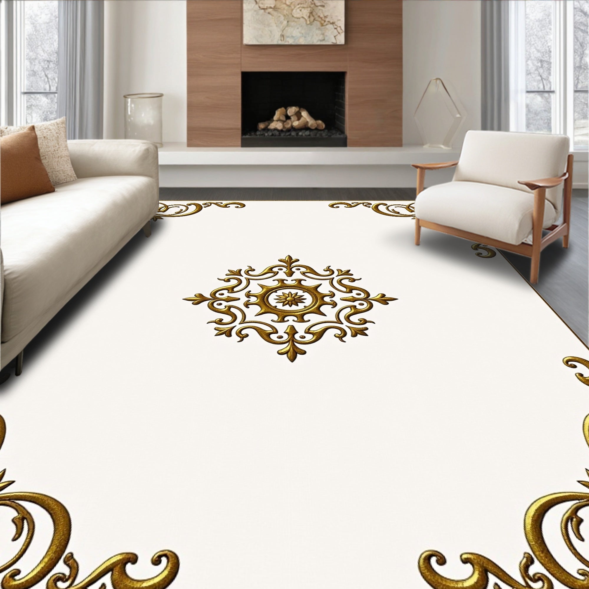 Ornate Gold Medallion Corner Accents Rug