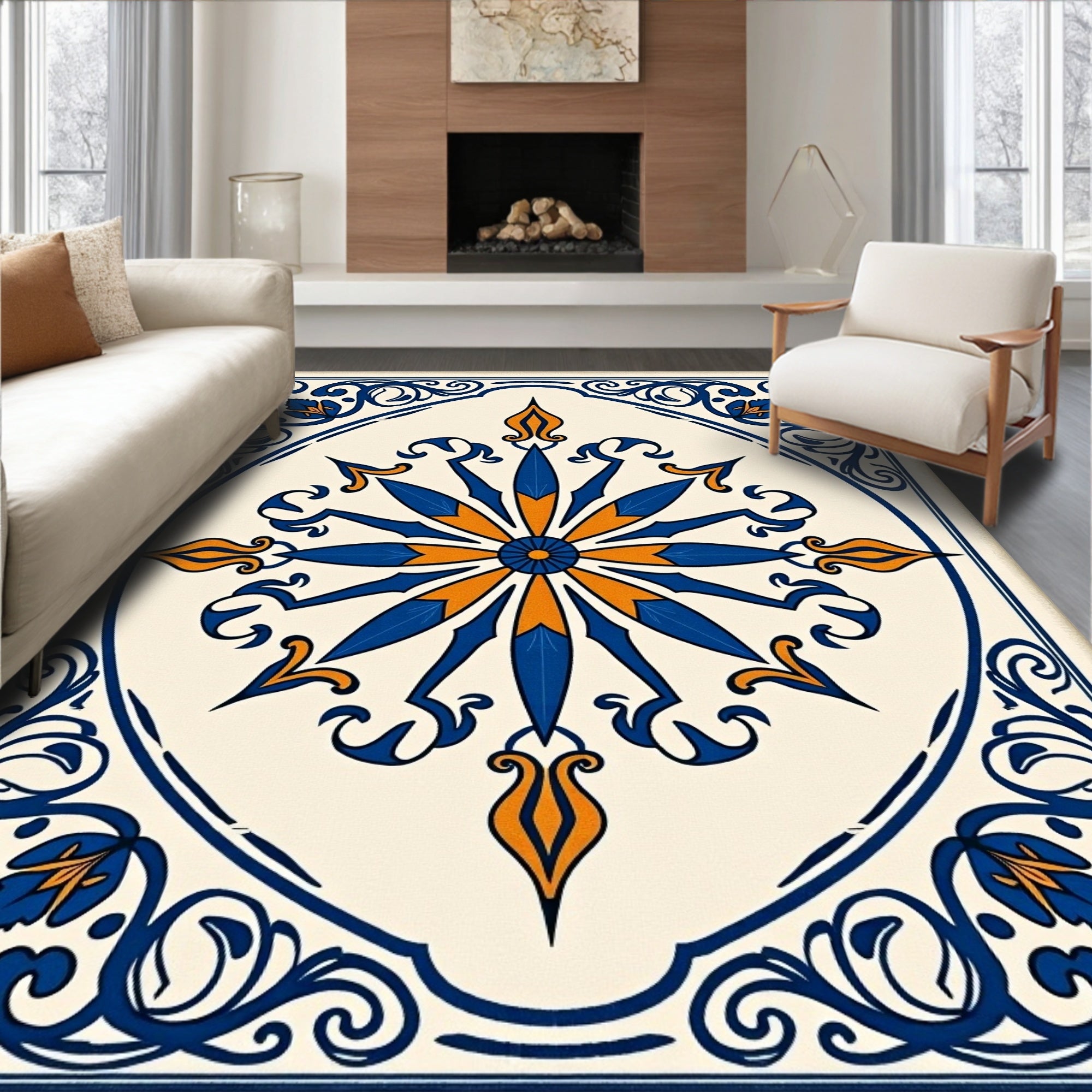 Royal Blue Orange Sunburst Medallion Rug