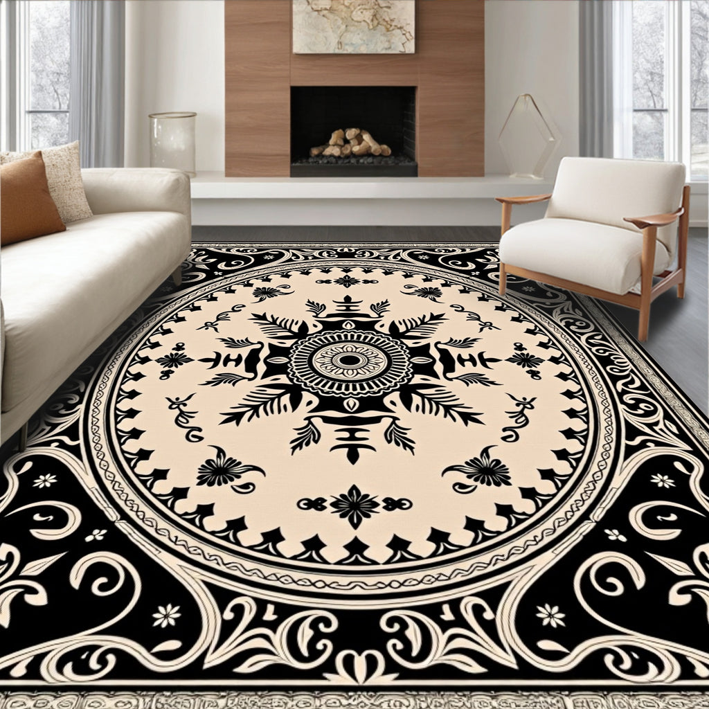 Black and Cream Floral Medallion Rug