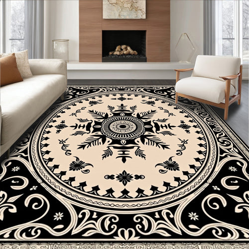 Black and Cream Floral Medallion Rug