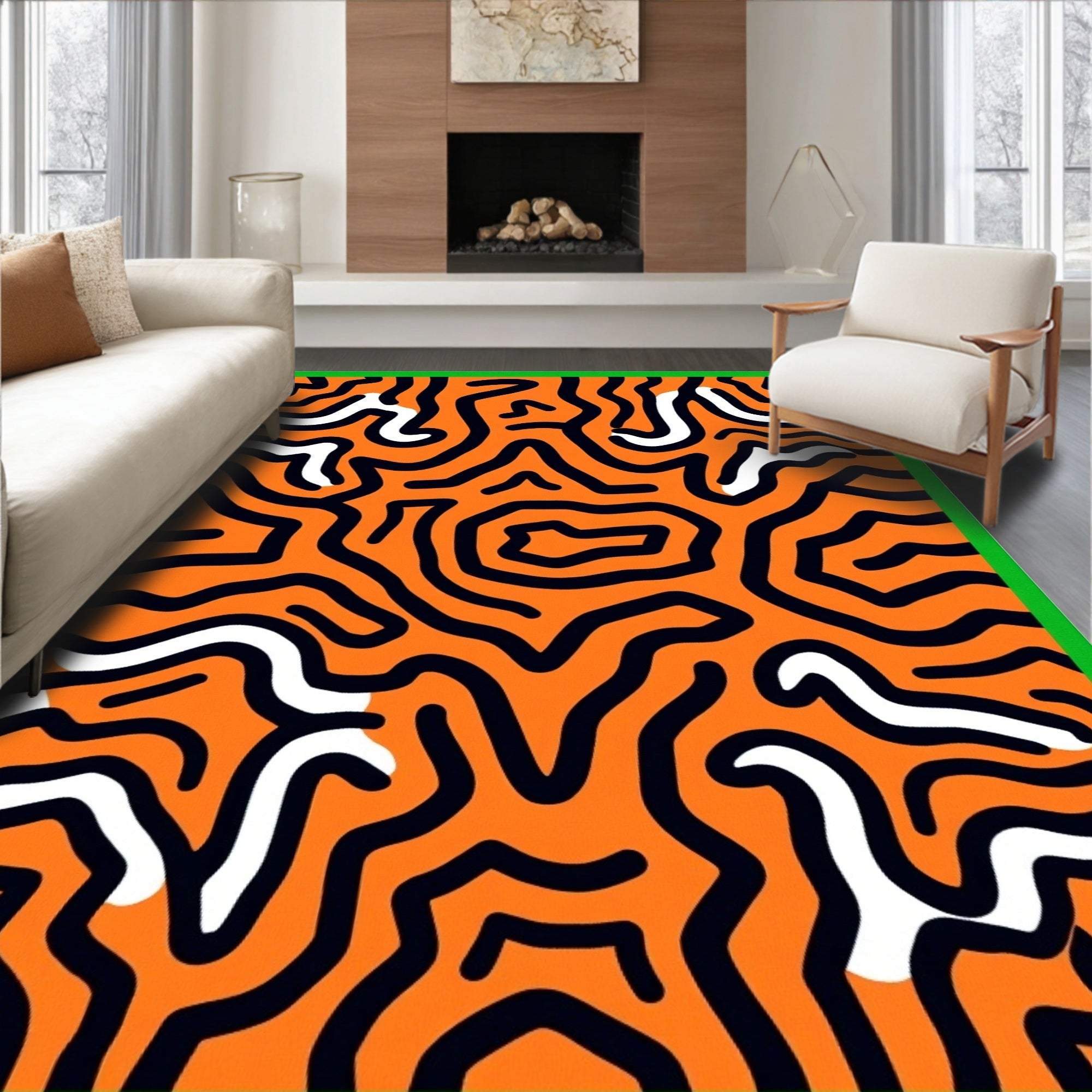 Vivid Orange Black White Swirl Rug
