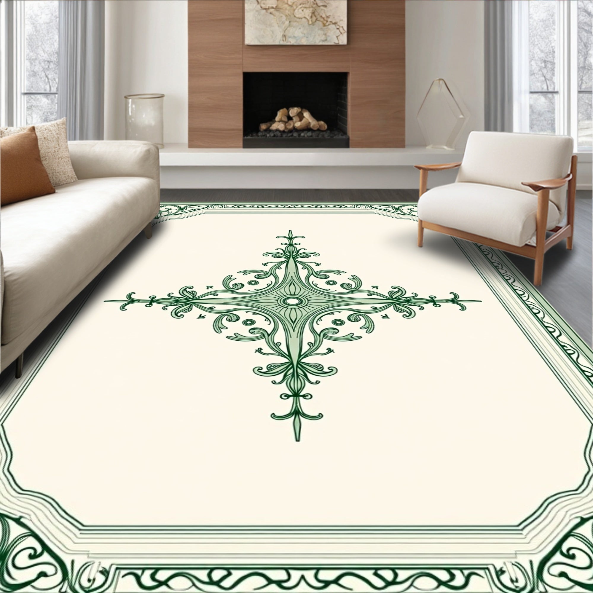 Elegant Emerald Scrollwork Frame Medallion Rug