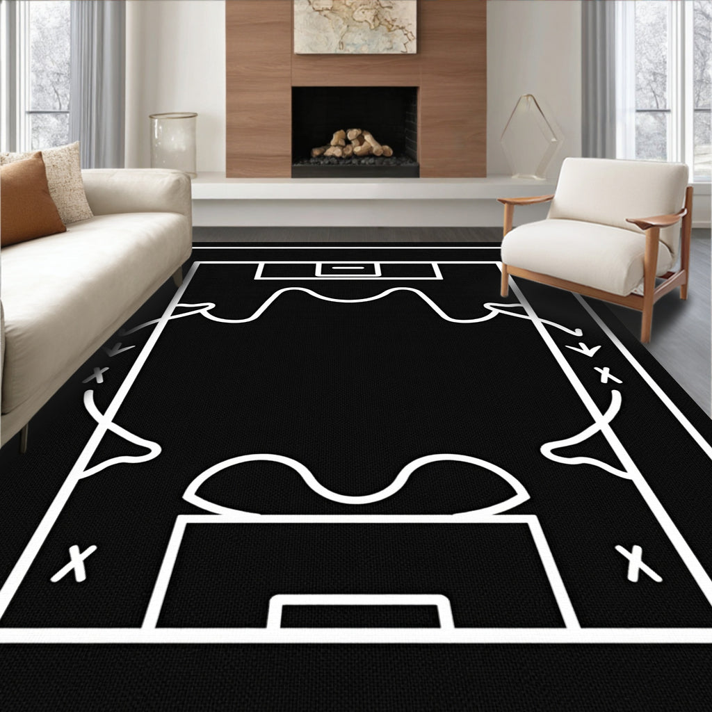 Black White Abstract Line Art Court Rug