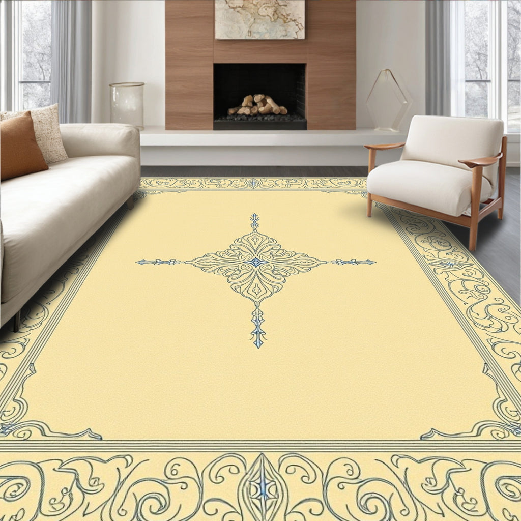 Cream Blue Scrollwork Medallion Border Rug