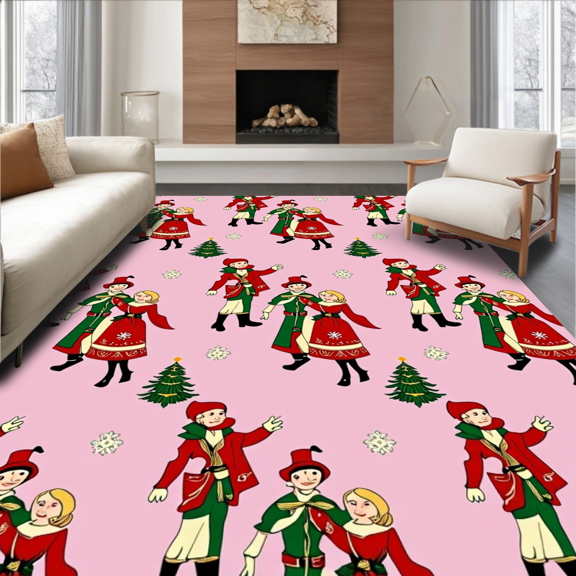 Vintage Carolers Christmas Trees Pink Rug