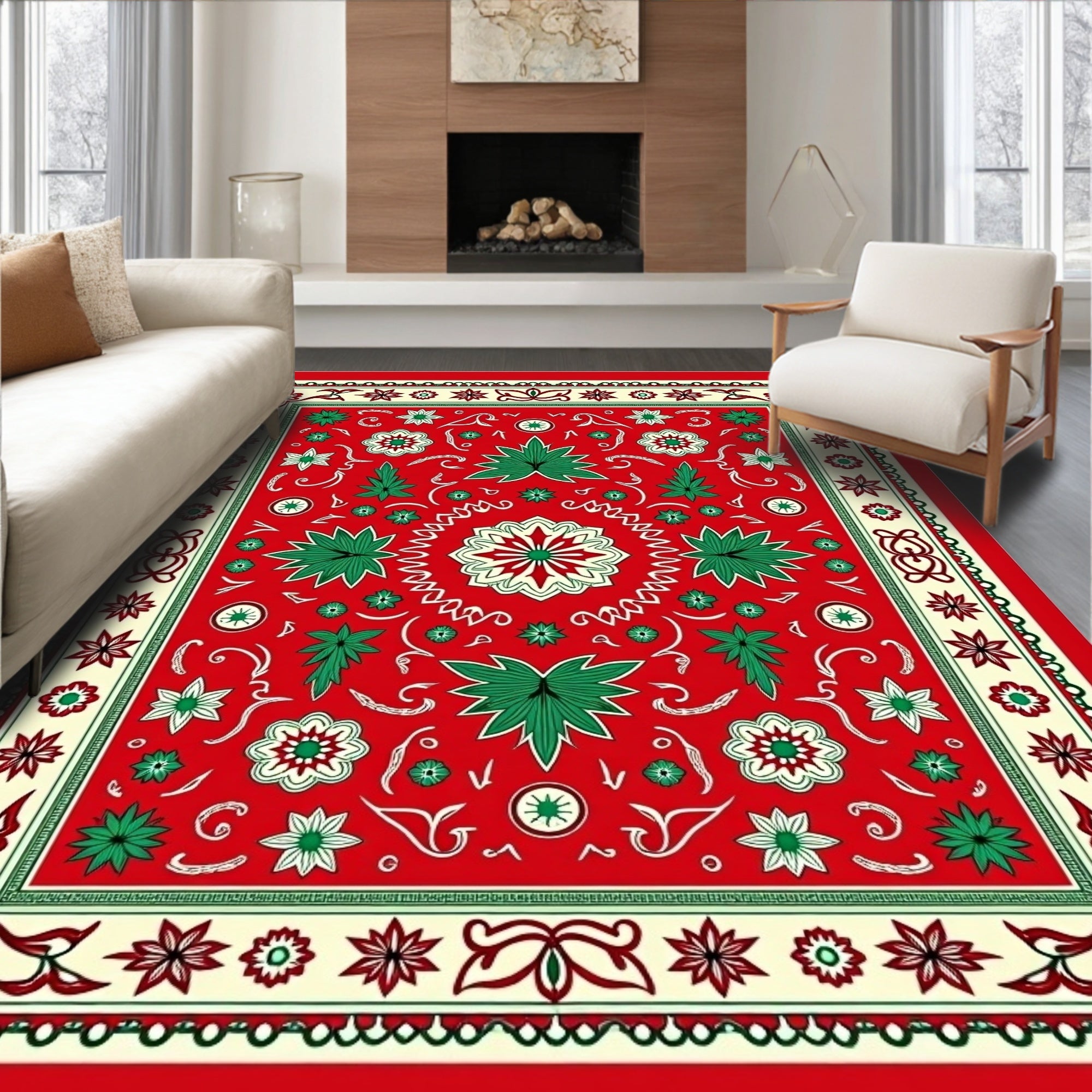 Festive Red Floral Leaf Medallion Rug