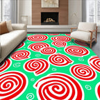 Red Swirls On Green Background Rug