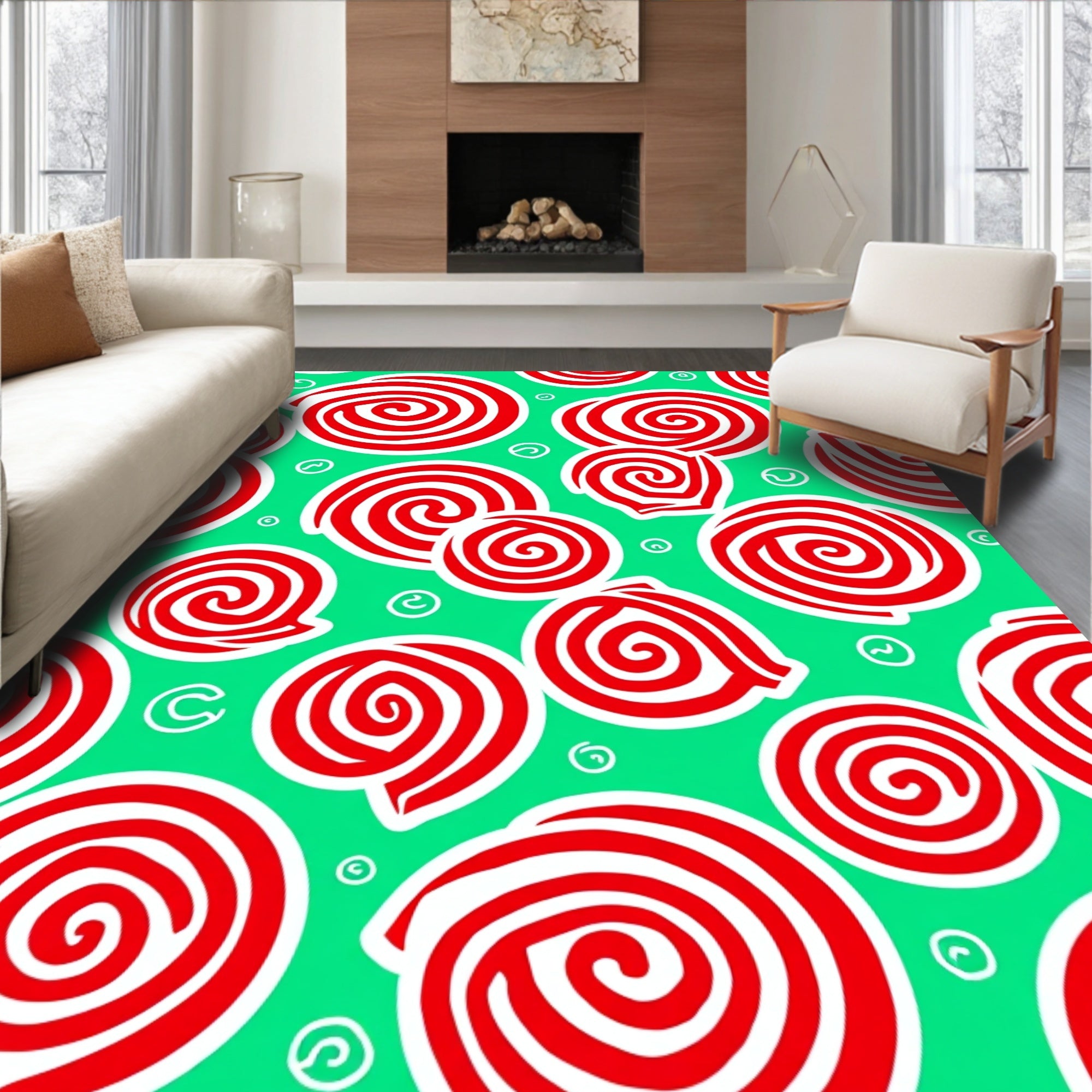 Red Swirls On Green Background Rug
