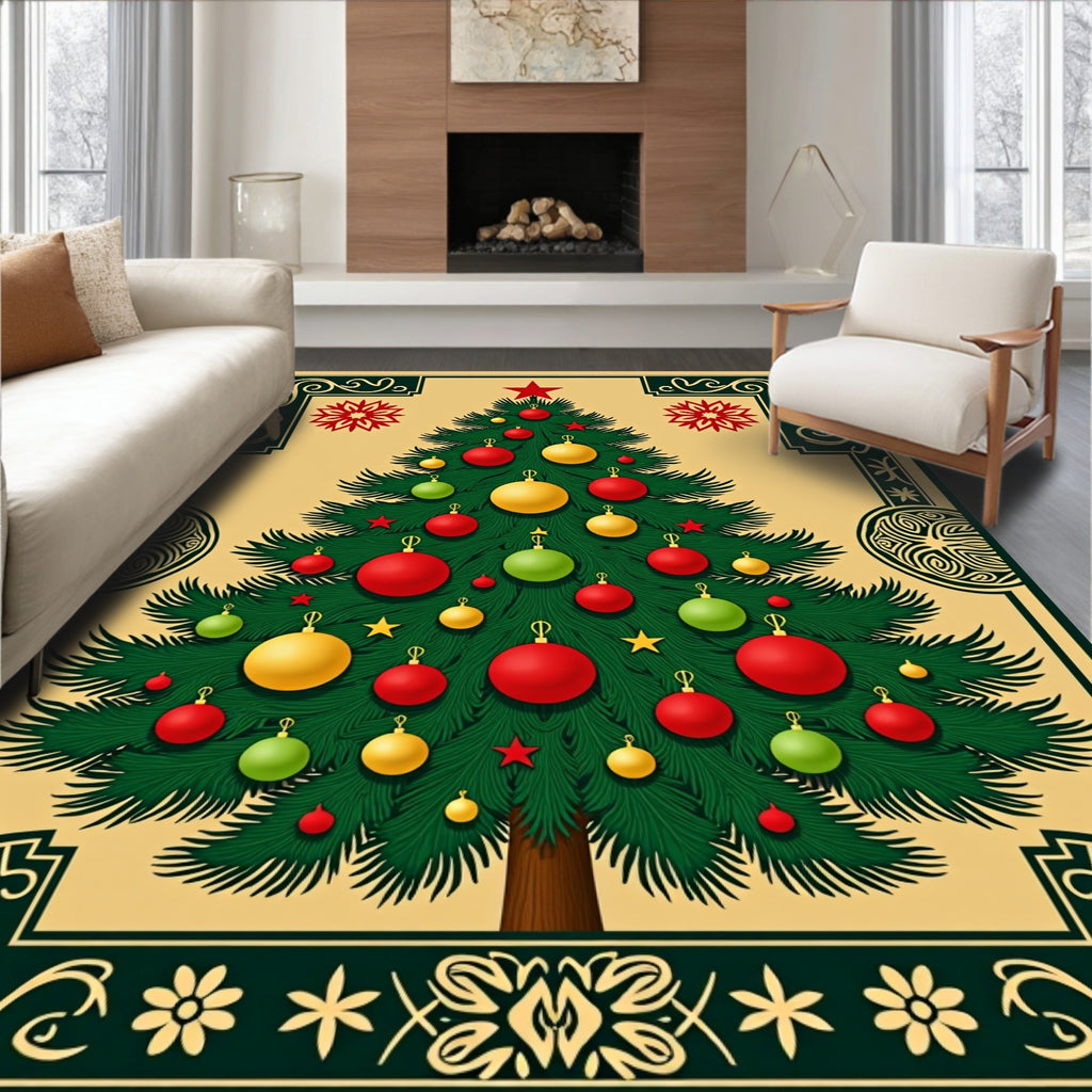 Festive Evergreen Ornate Christmas Tree Rug
