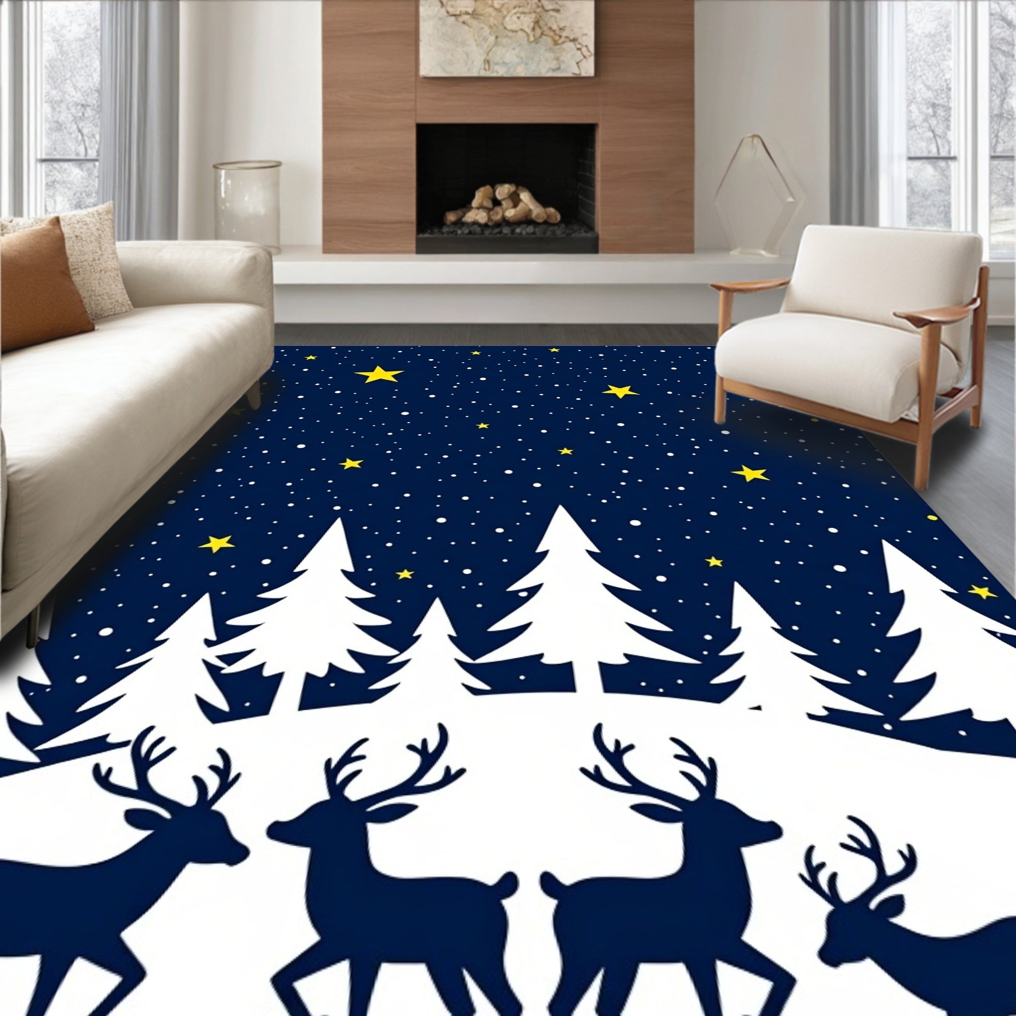 Midnight Blue Night Sky Deer Forest Rug