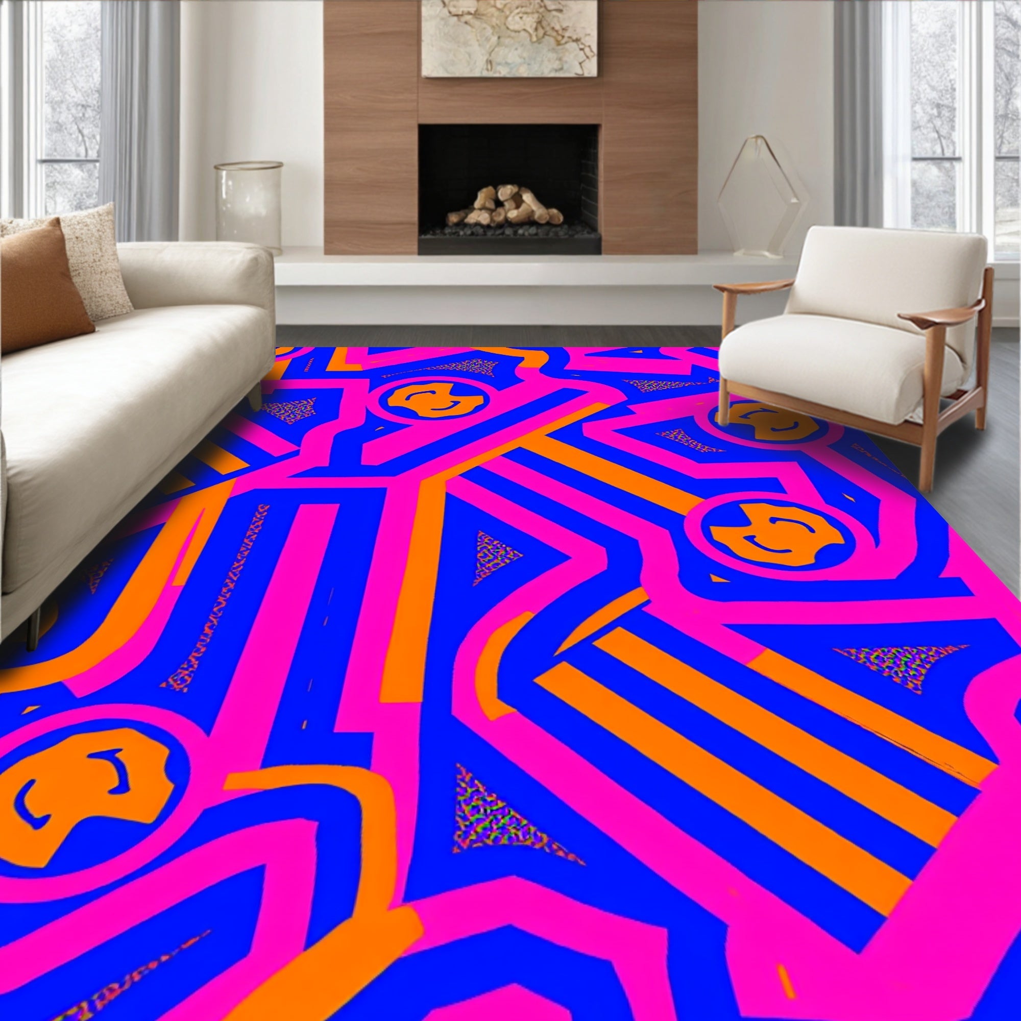 Bright Pink Blue Orange Abstract Faces Rug