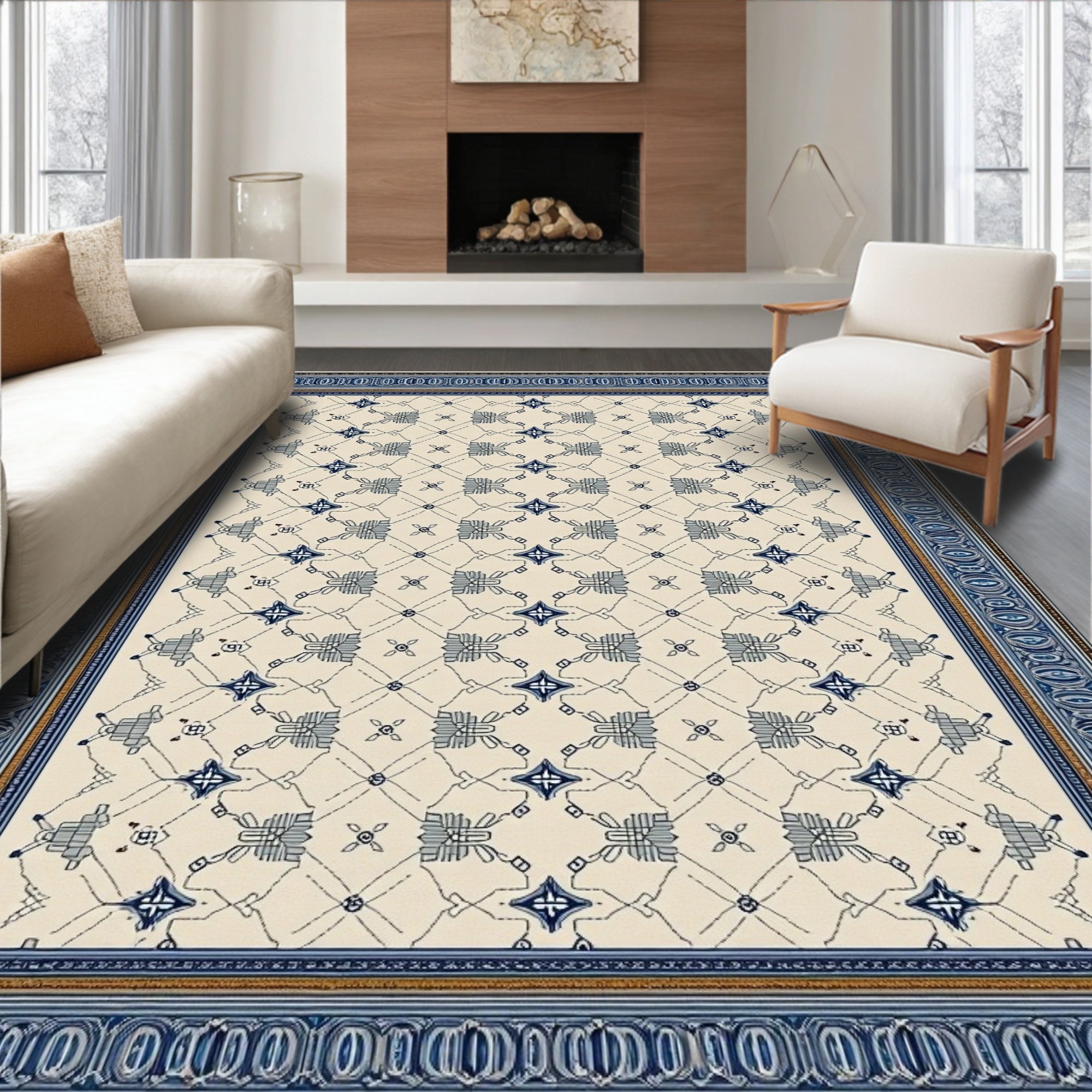 Ornate Blue and Cream Lattice Rug