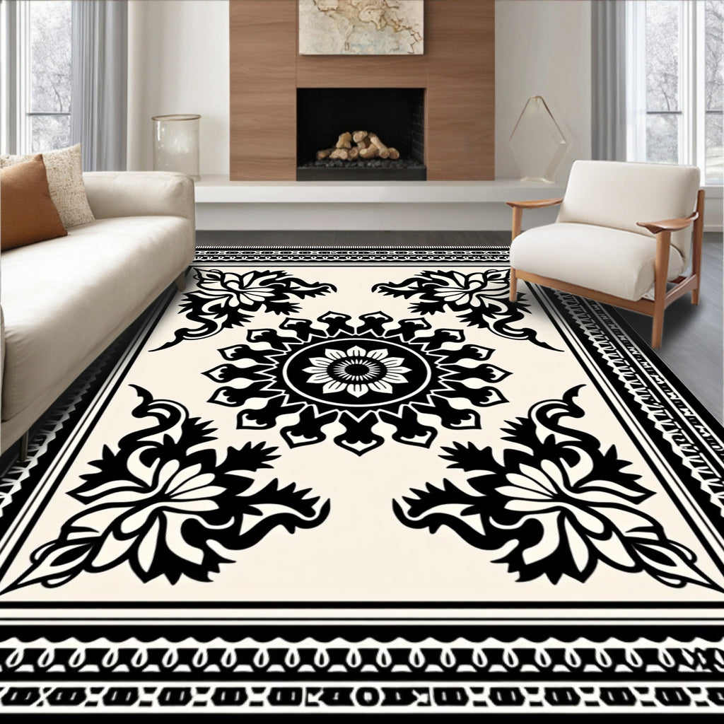 Black Cream Floral Medallion Border Rug