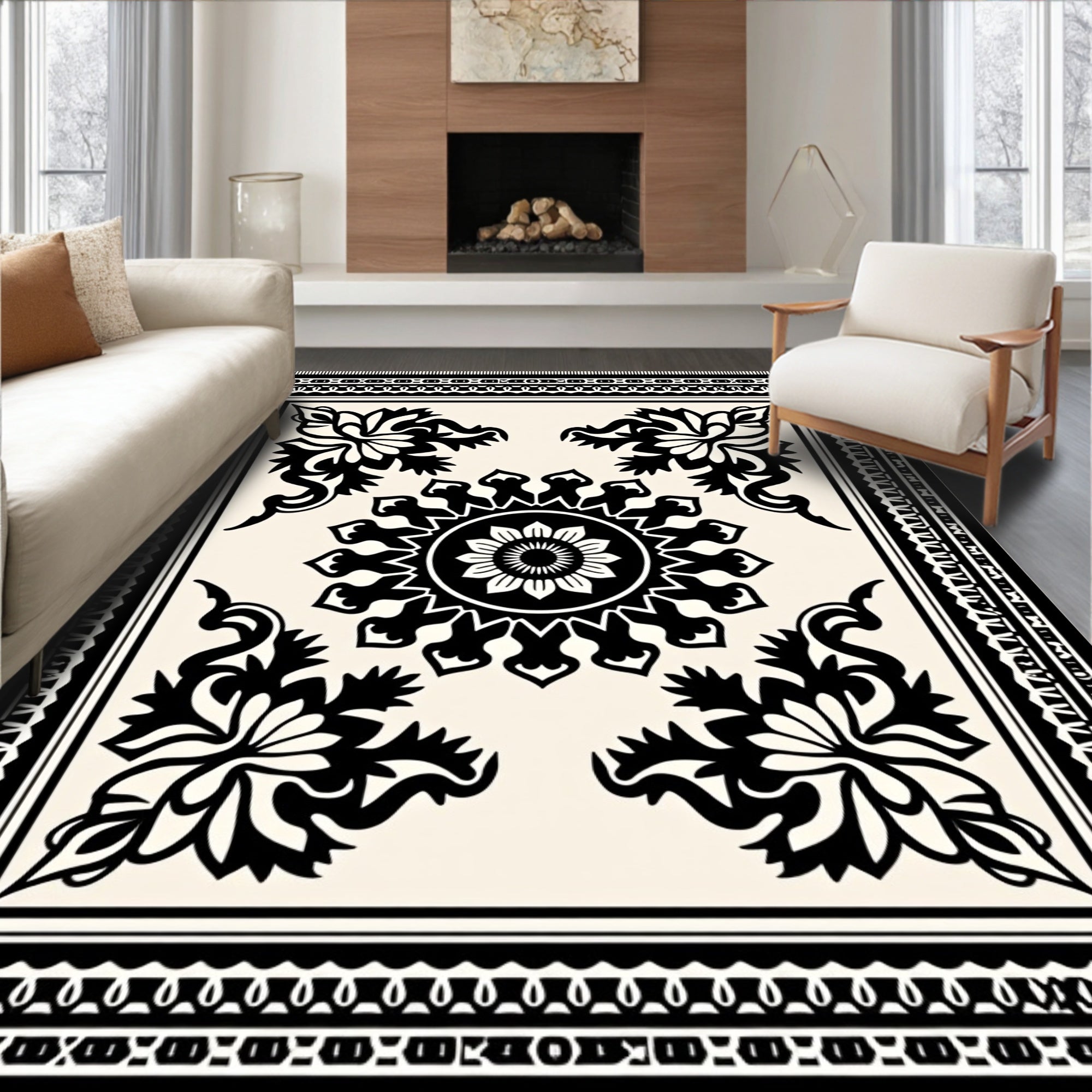 Black Cream Floral Medallion Border Rug