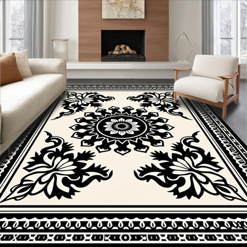 Black Cream Floral Medallion Border Rug