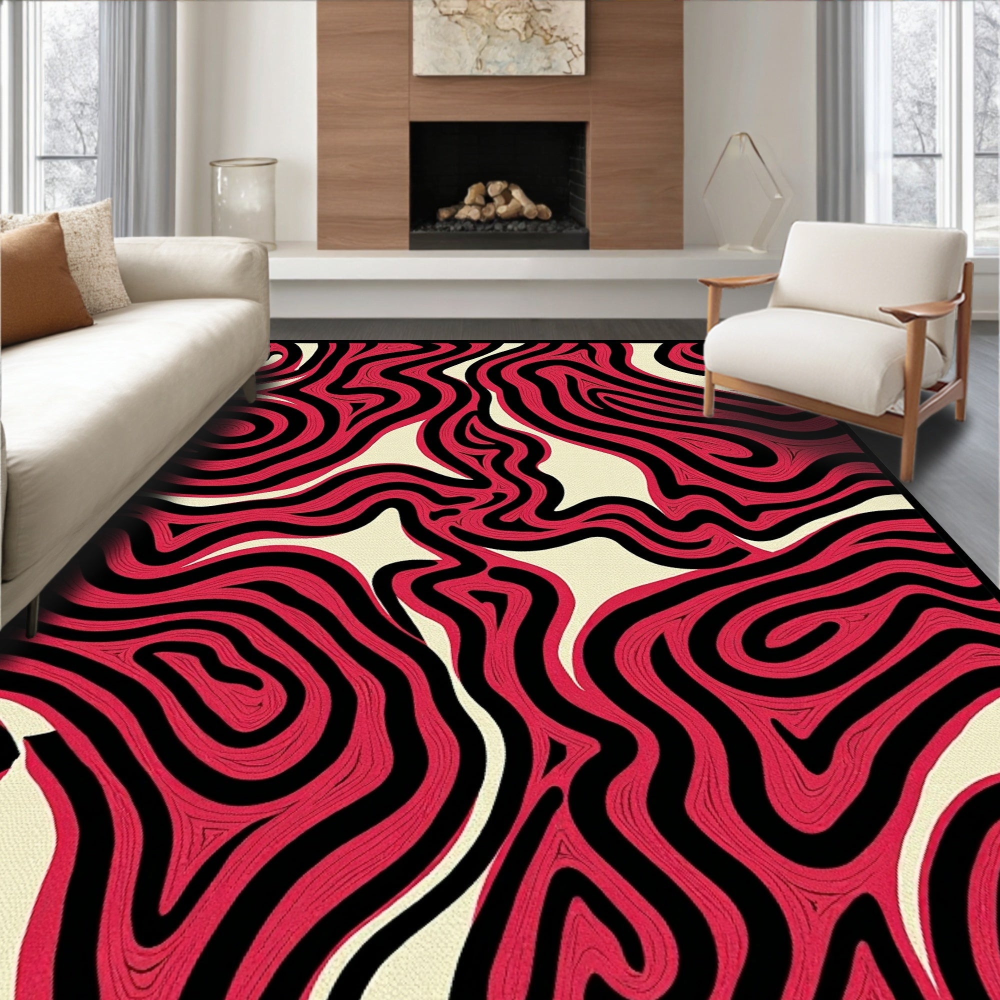 Crimson Black Wavy Abstract Rug