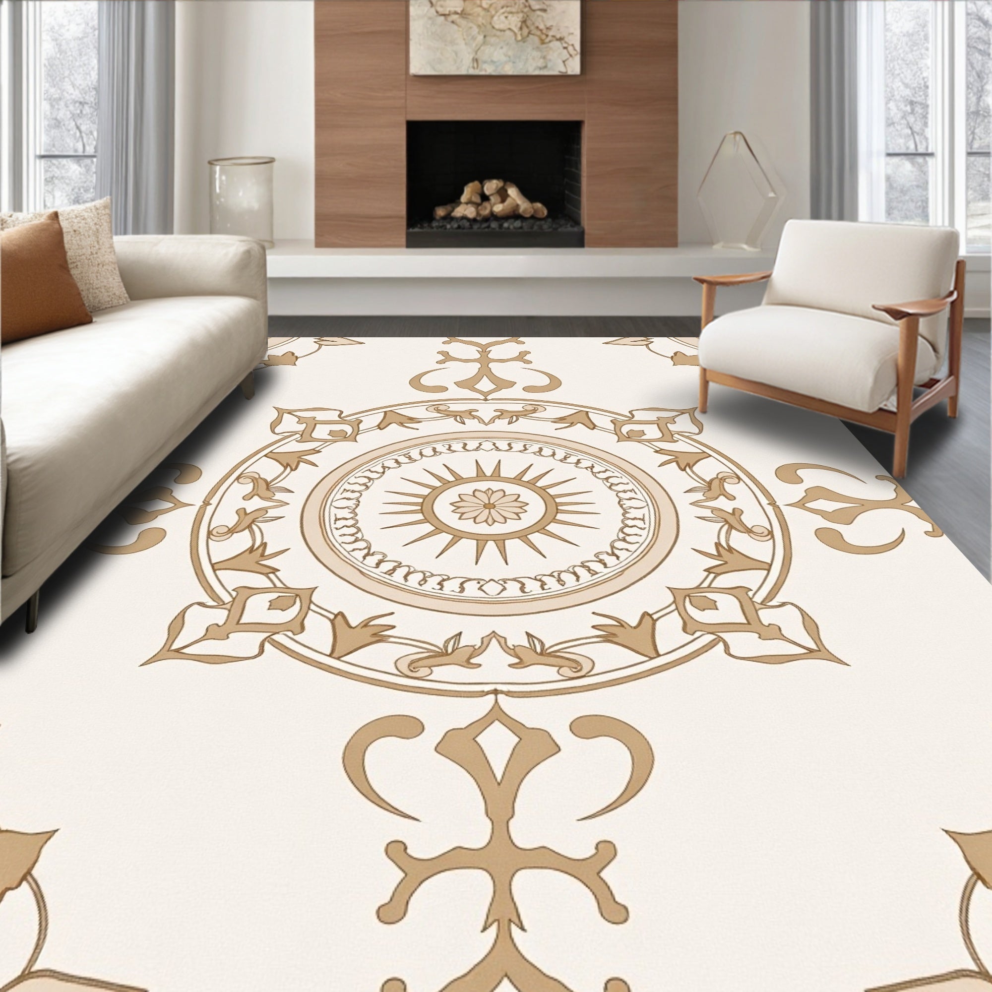 Cream Brown Medallion Filigree Rounds Rug