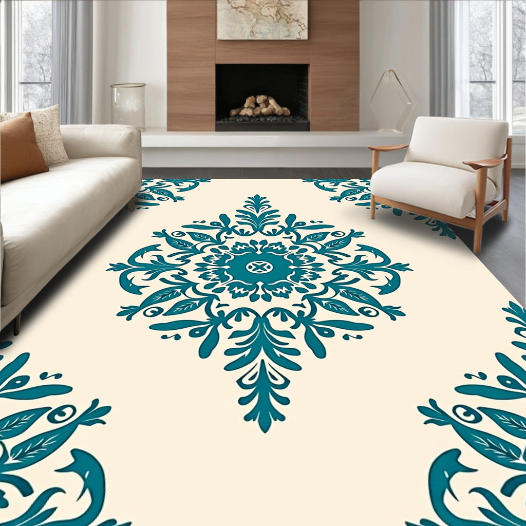 Teal Floral Medallion Damask Rug