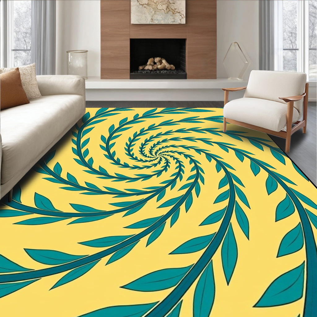 Teal Leaf Swirl Yellow Rug