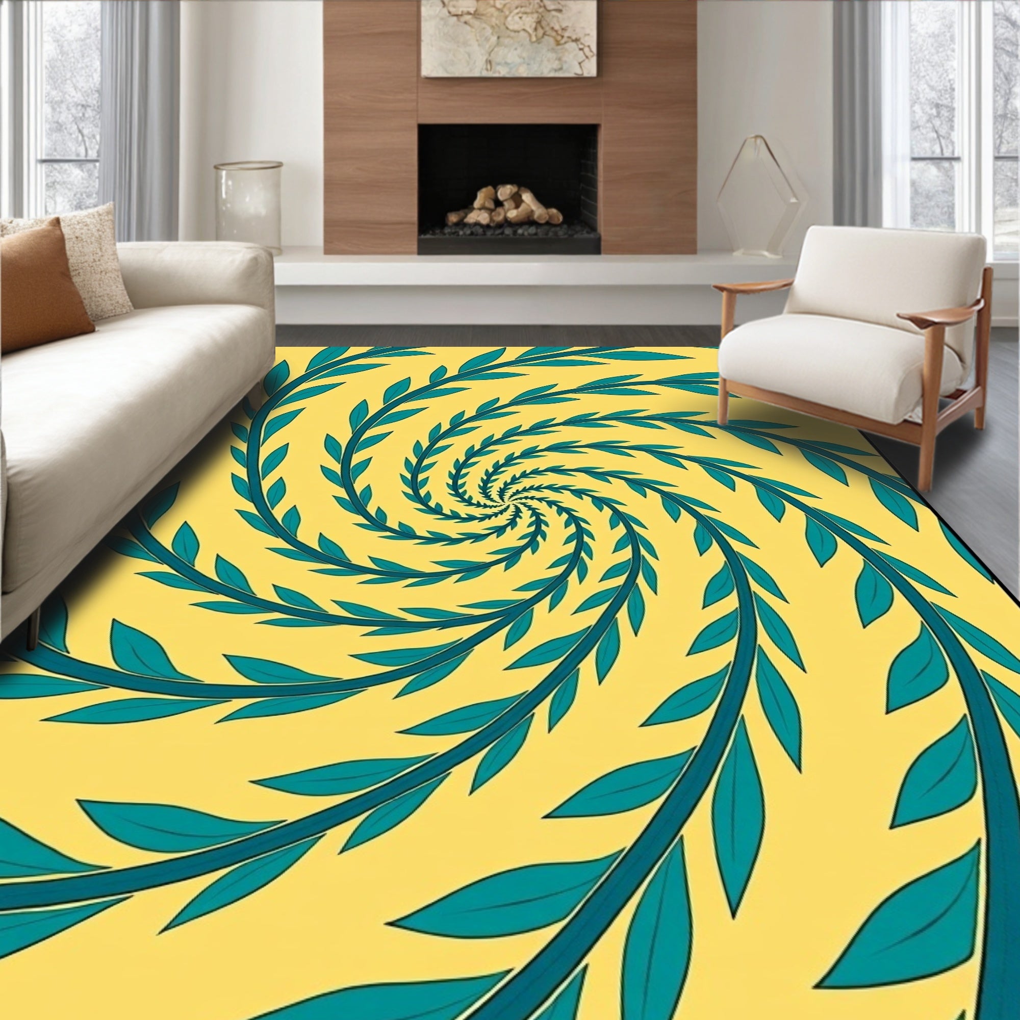 Teal Leaf Swirl Yellow Rug