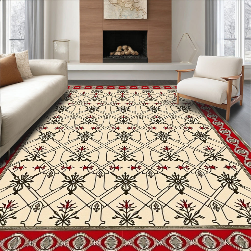 Cream Red Floral Lattice Traditional Rug