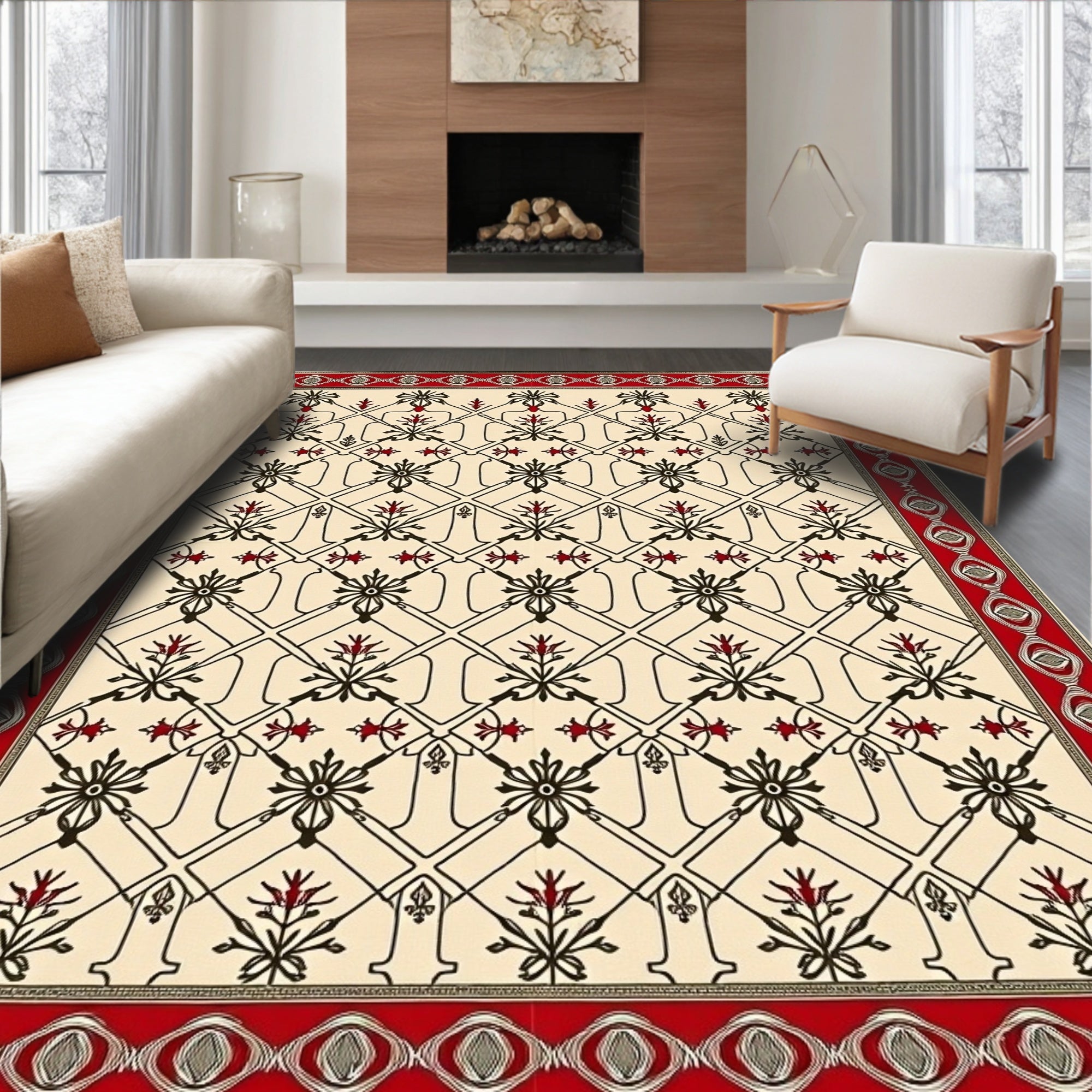 Cream Red Floral Lattice Traditional Rug