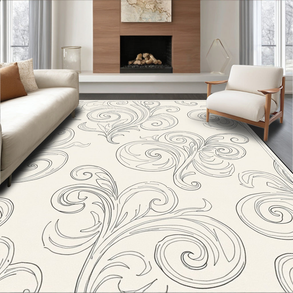 Off-white Scrollwork Nature Line Art Rug
