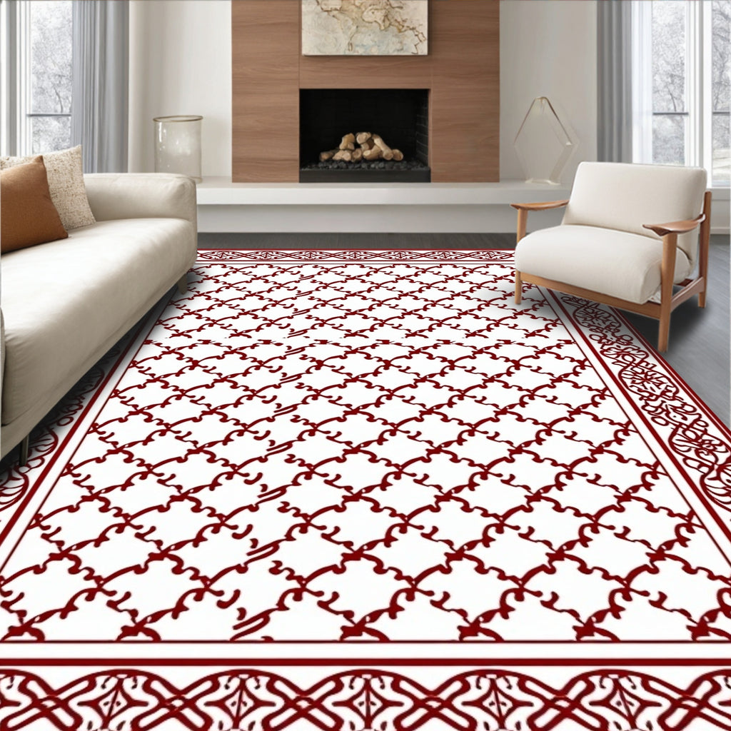 Crimson Lattice Ornate Border Rug