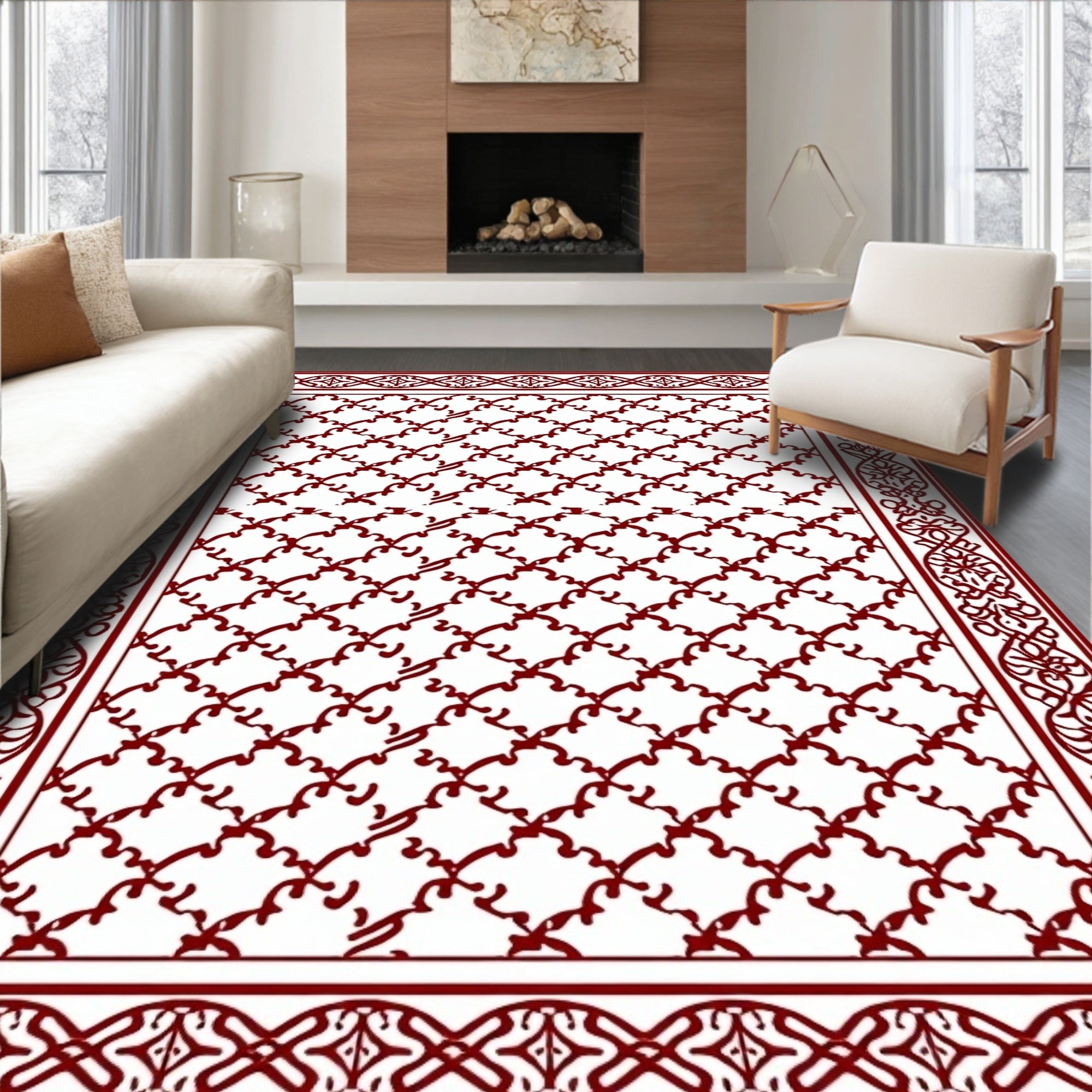 Crimson Lattice Ornate Border Rug