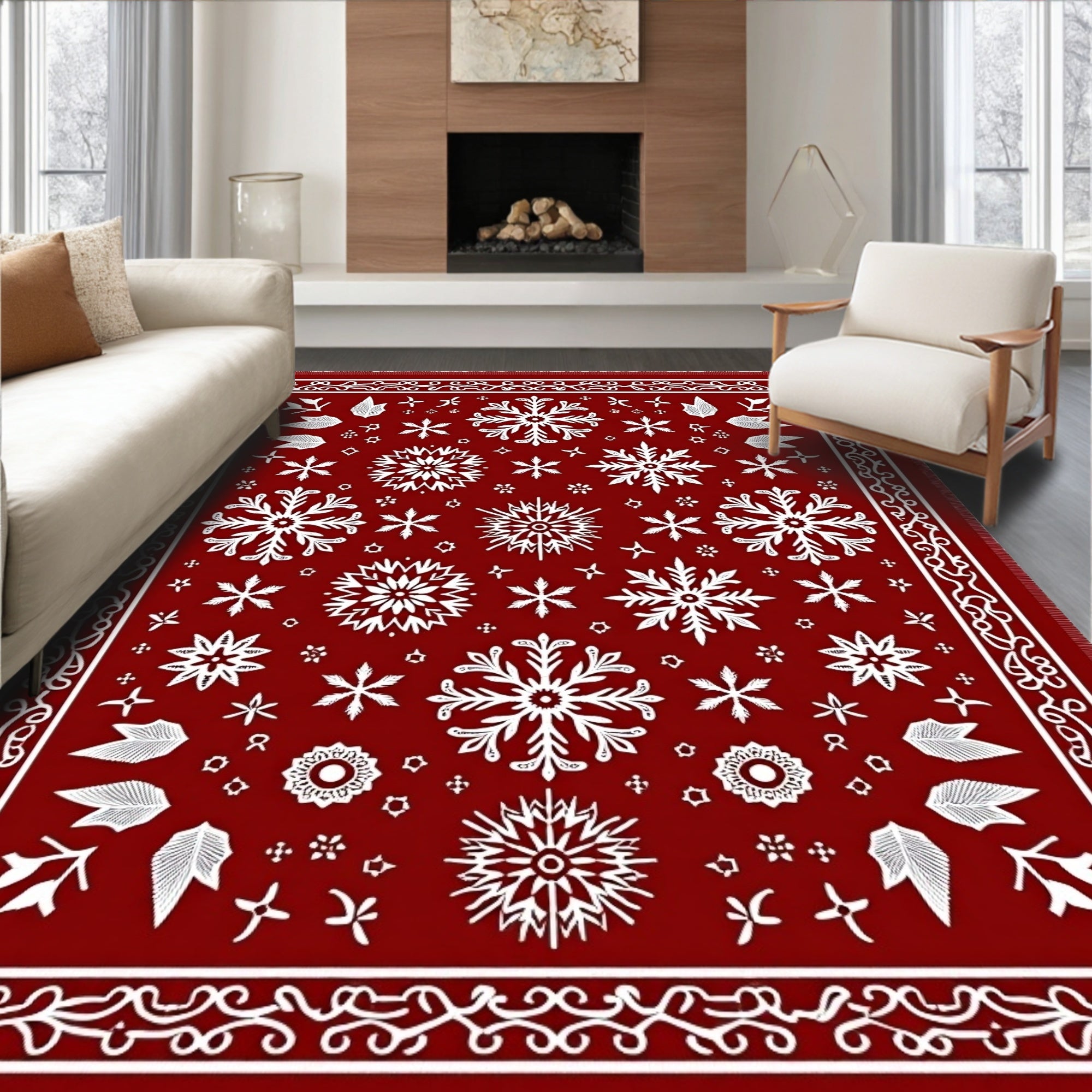 Crimson White Snowflake Mandala Floral Rug