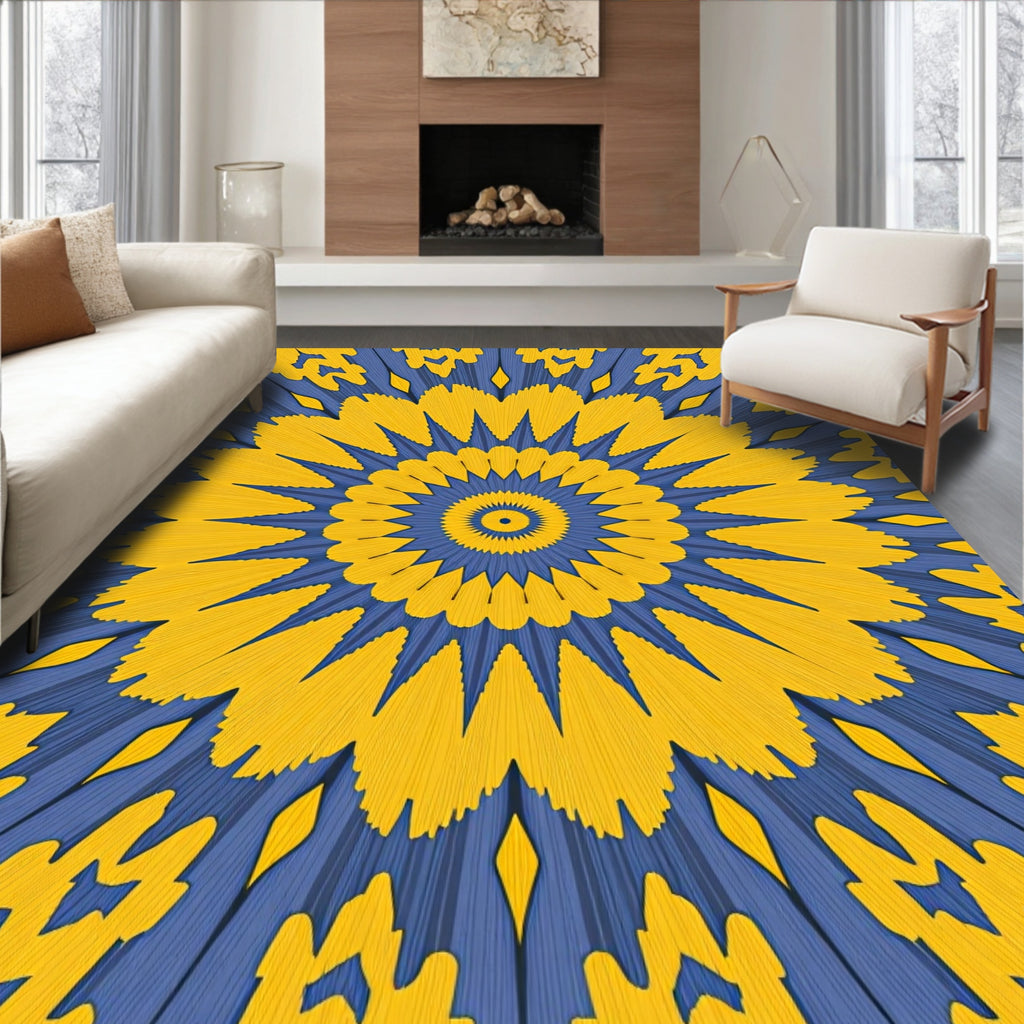 Vibrant Yellow Blue Radial Burst Rug