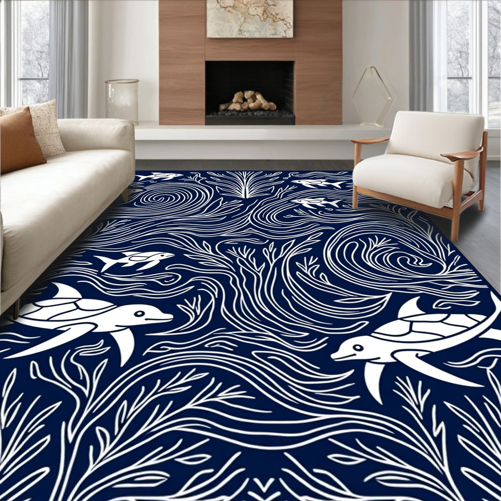 Undersea Life Navy White Whimsical Rug