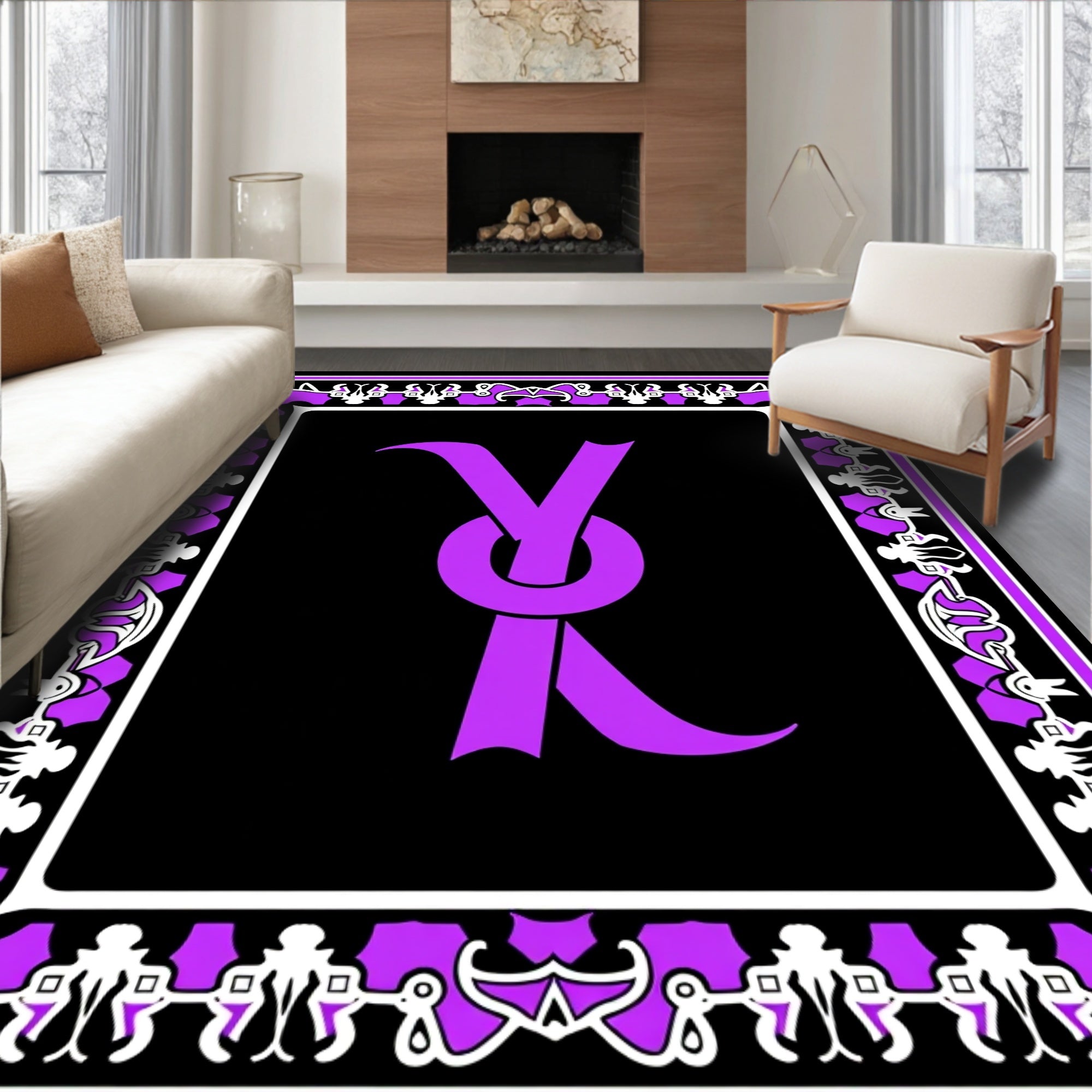 Elegant Violet Ribbon Black Framed Rug
