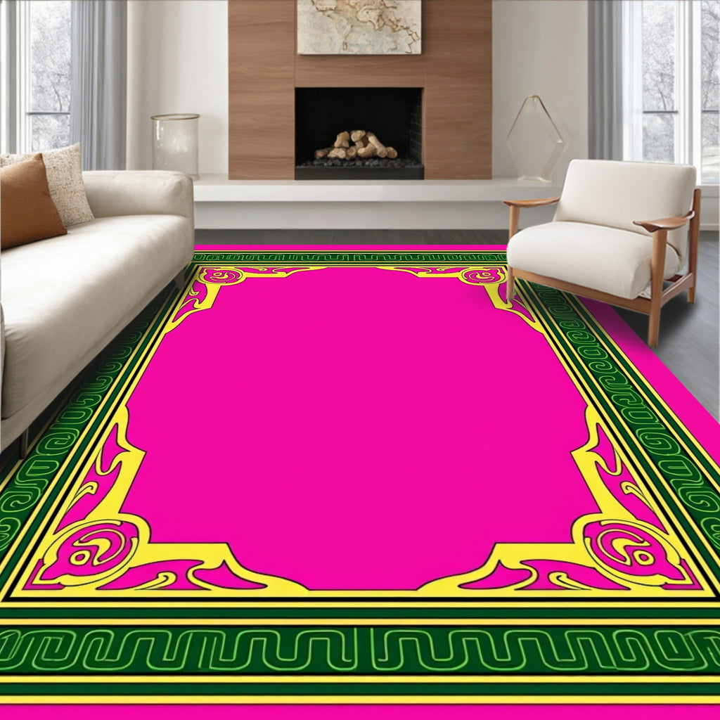 Vibrant Pink Green Yellow Filigree Frame Rug