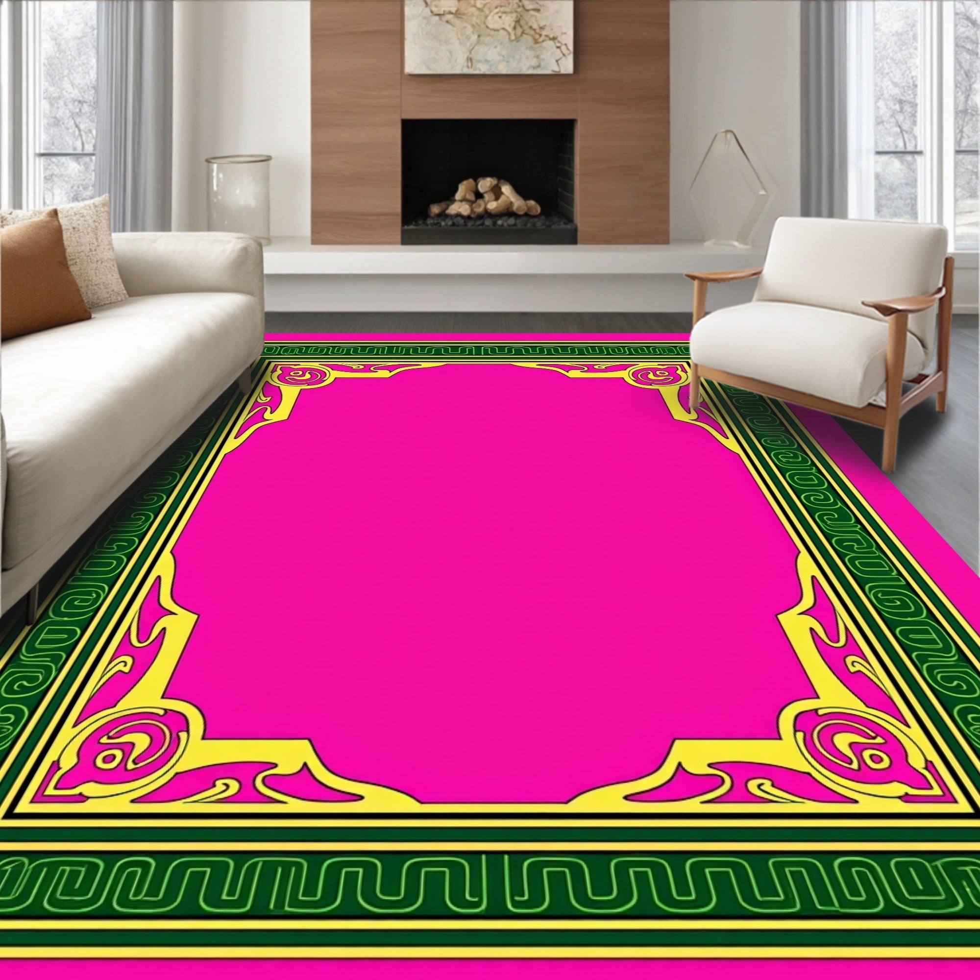 Vibrant Pink Green Yellow Filigree Frame Rug