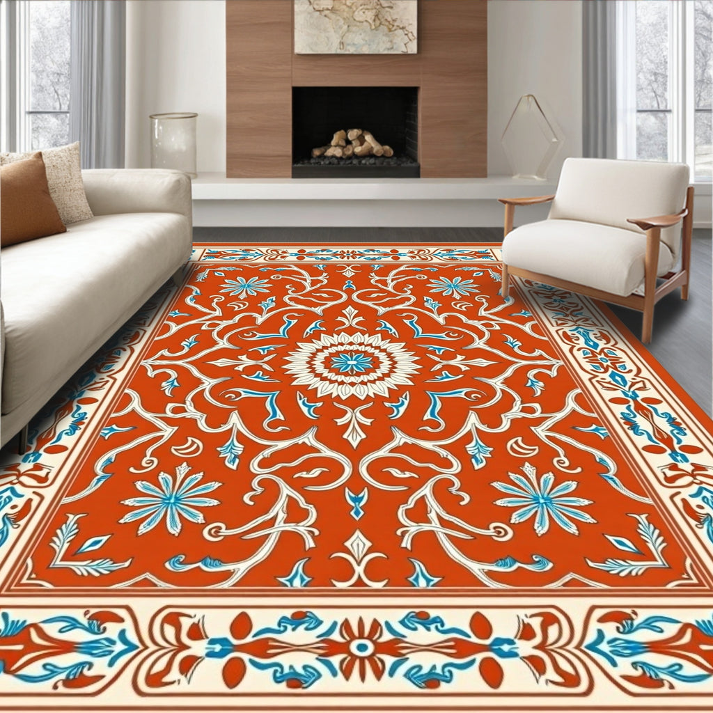 Orange Floral Medallion Border Rug