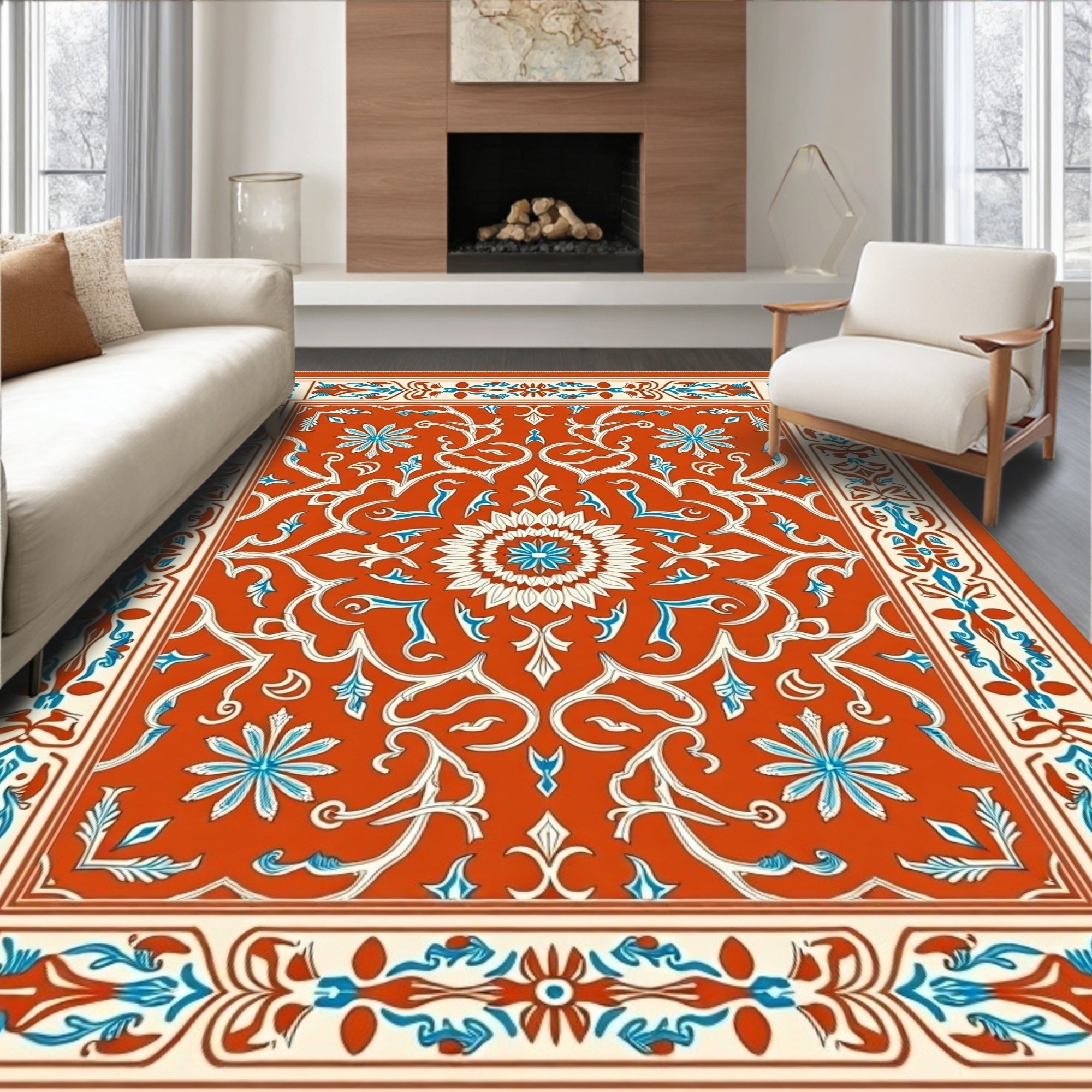 Orange Floral Medallion Border Rug