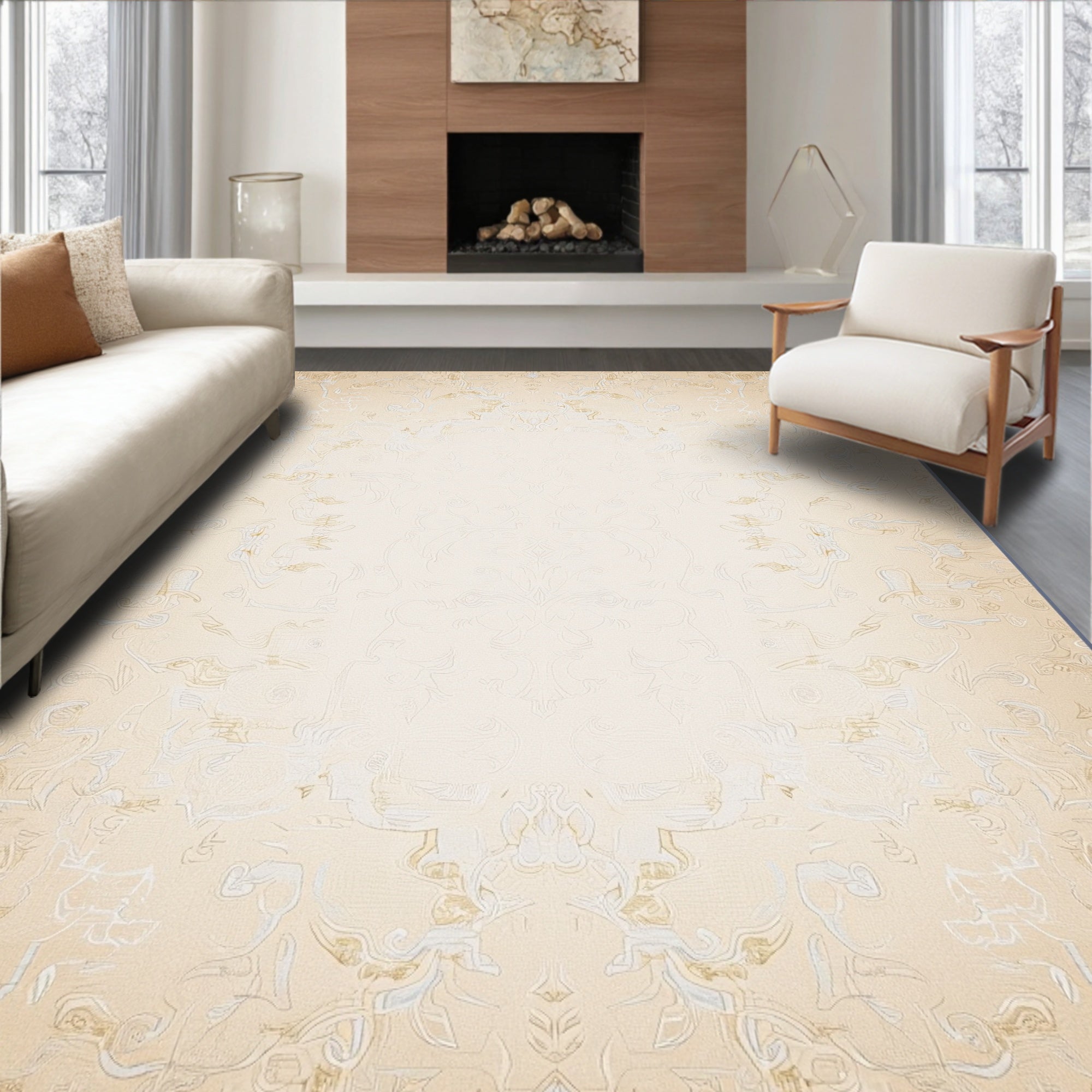 Light Gold Ornate Floral Scroll Rug
