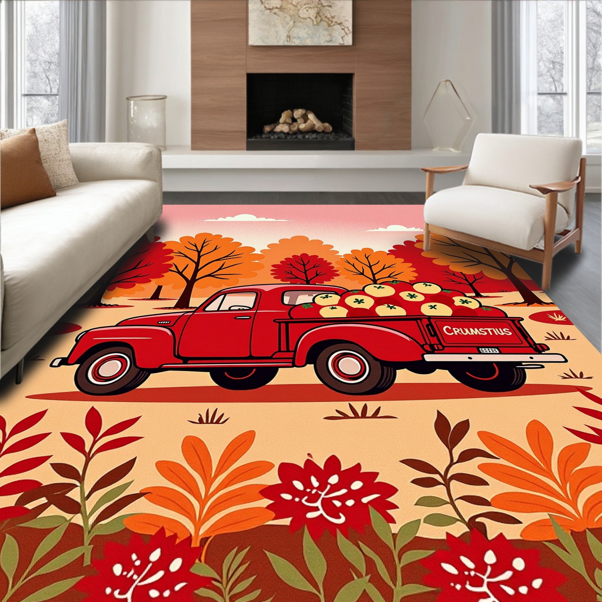 Rustic Red Truck Autumn Apples Rug