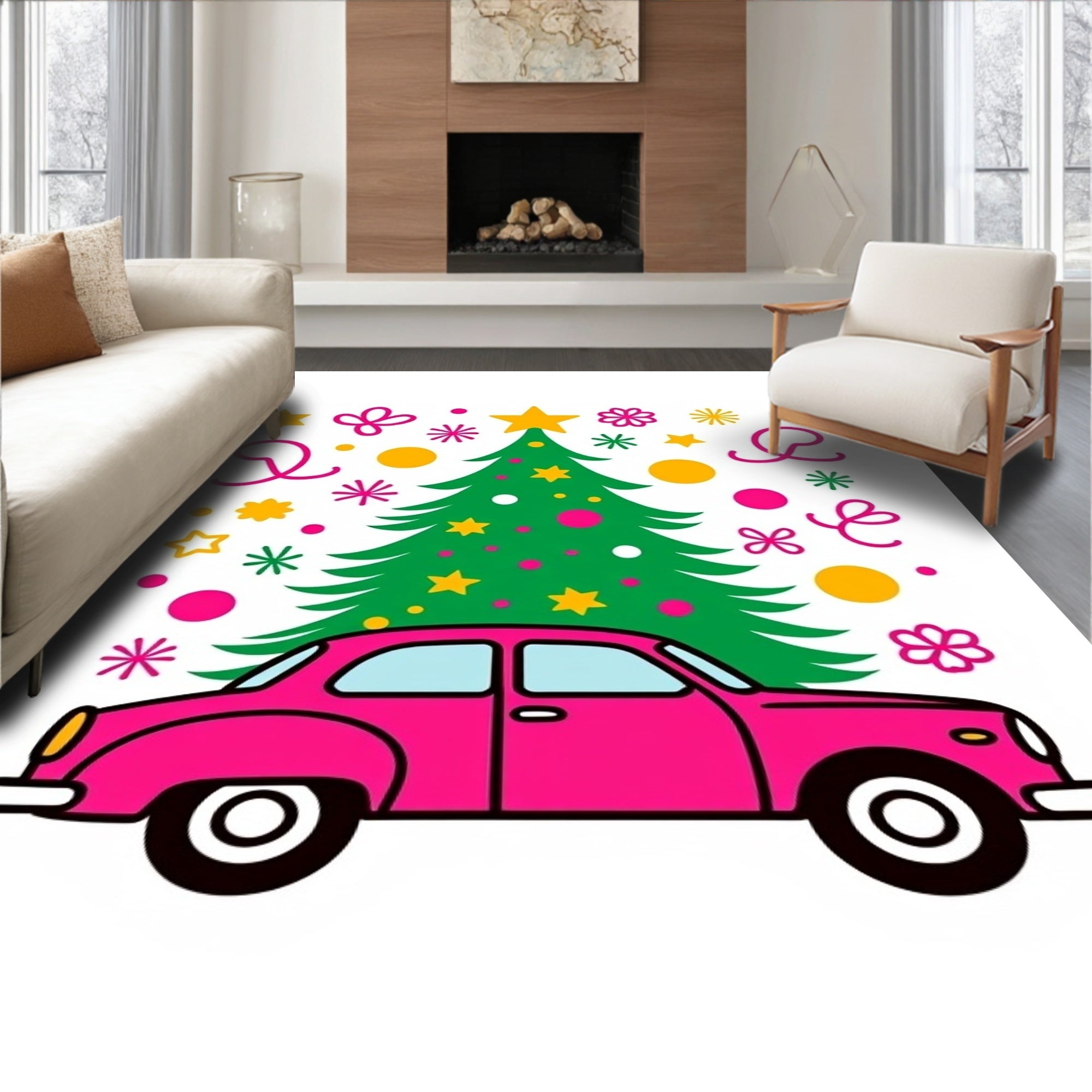 Pink Car Christmas Tree Medley Rug