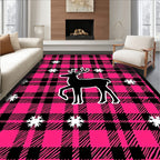 Pink Black Plaid Deer Snowflakes Rug