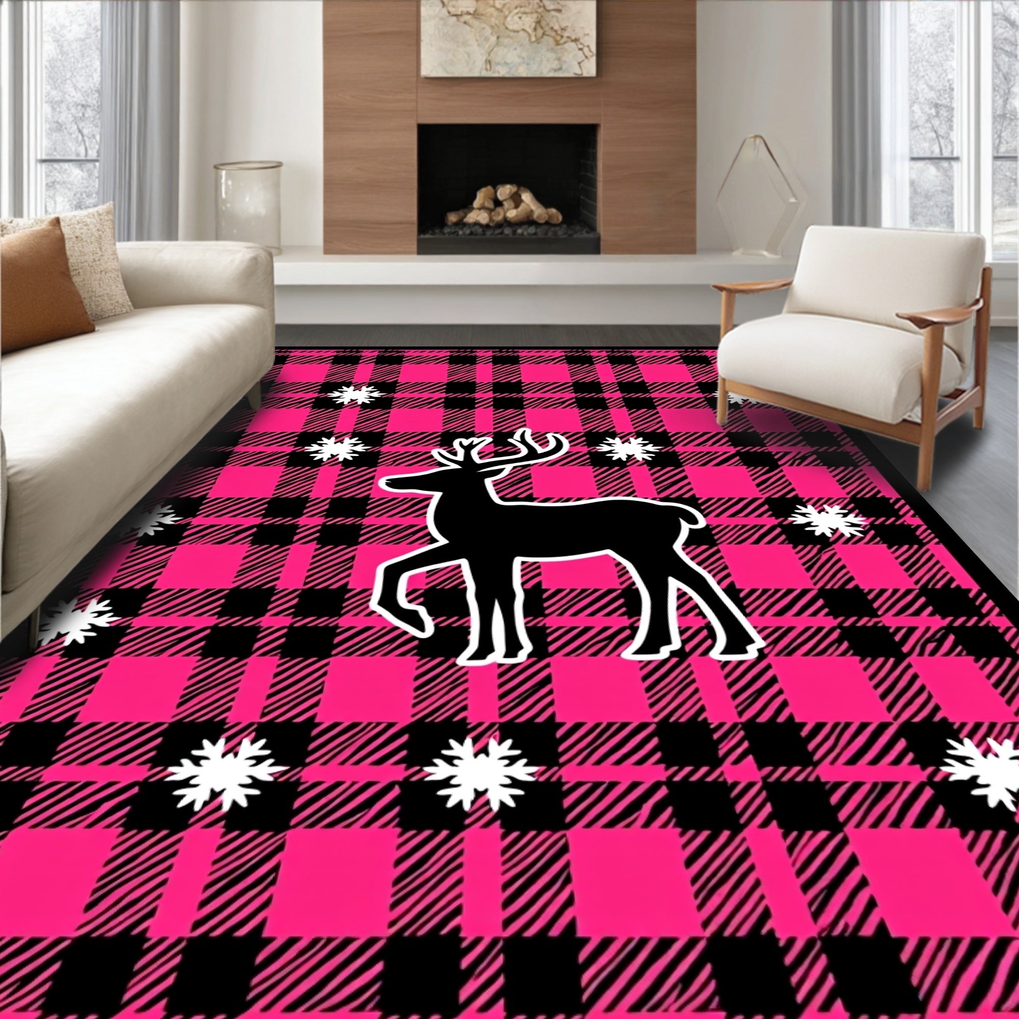 Pink Black Plaid Deer Snowflakes Rug