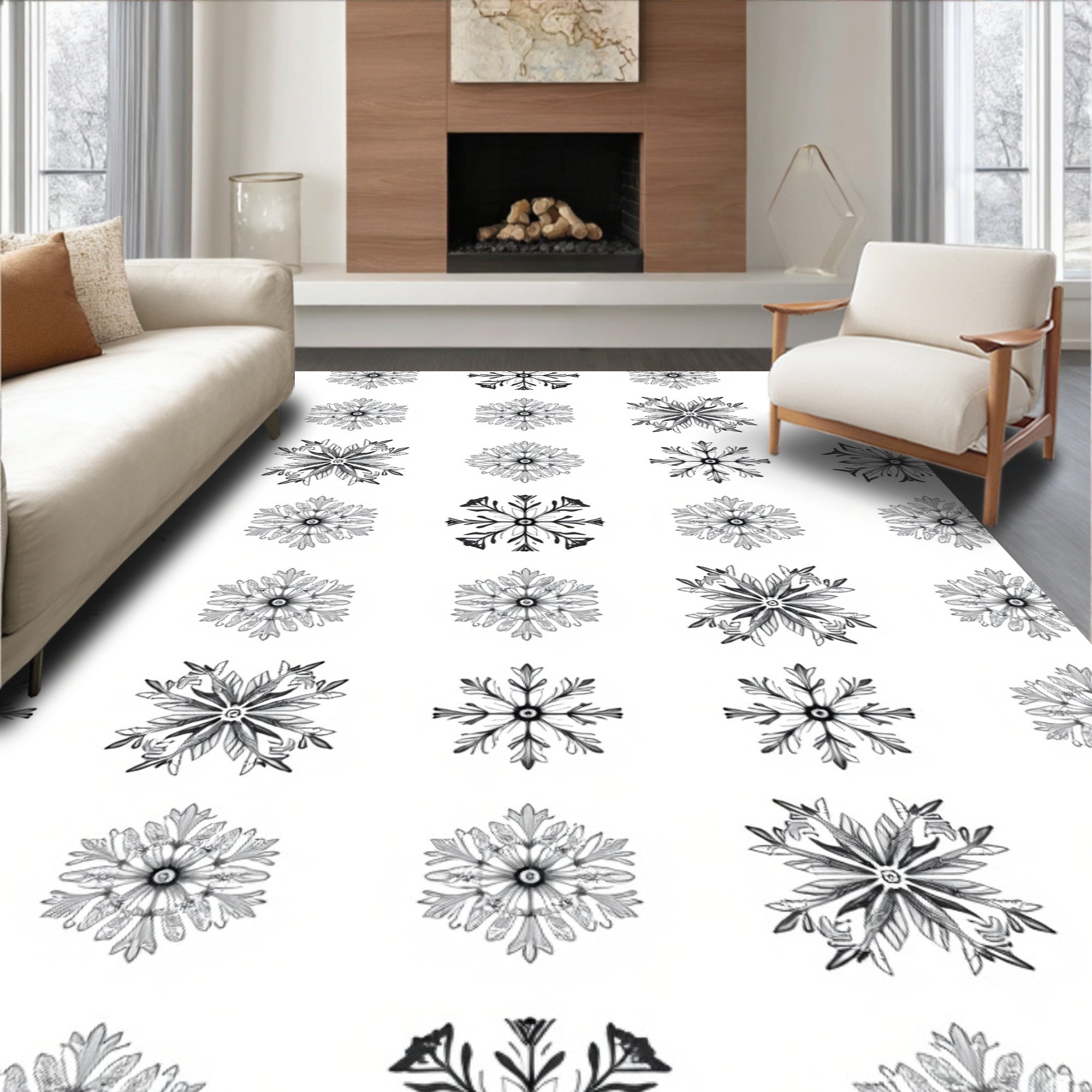 Black White Snowflake Medallion Repeat Rug