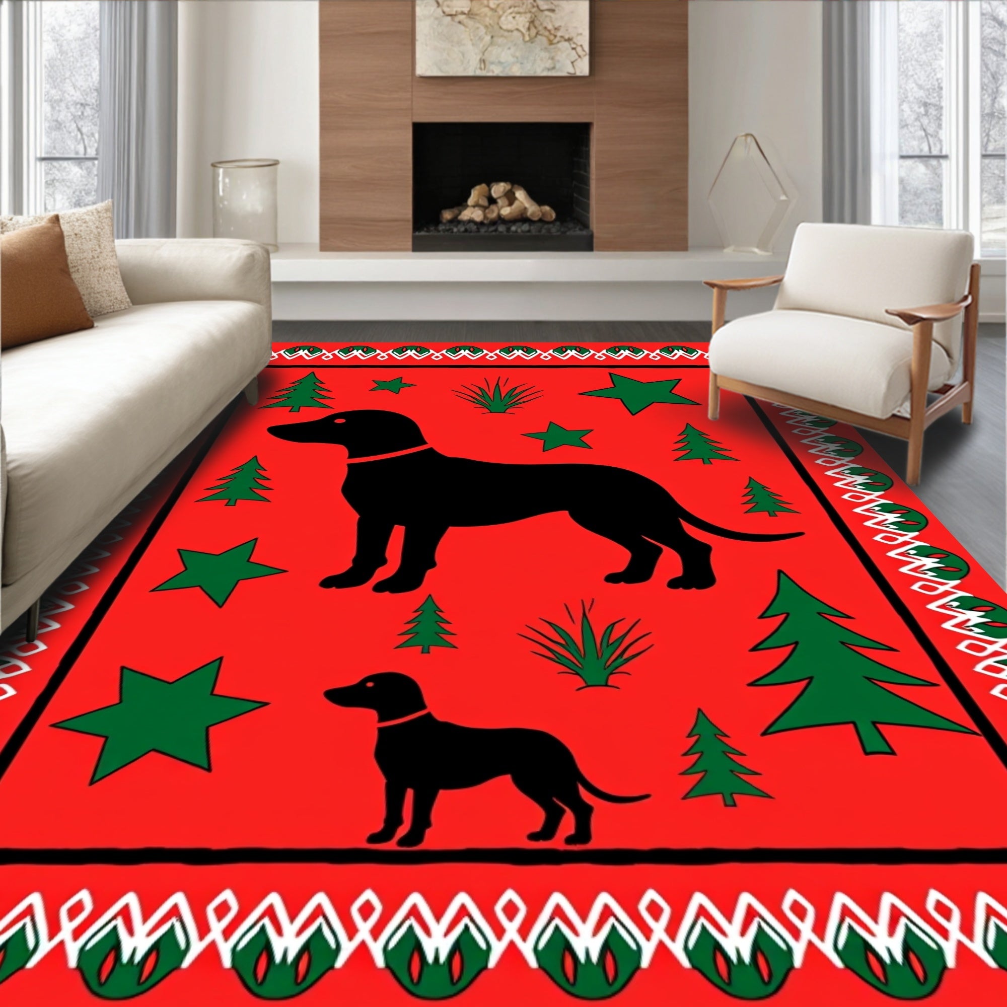 Red Black Dog Christmas Trees Stars Rug