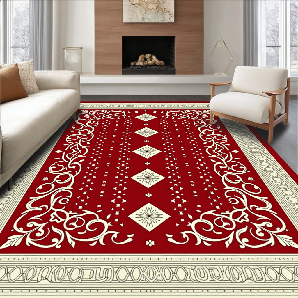 Crimson Ivory Floral Diamond Lattice Rug