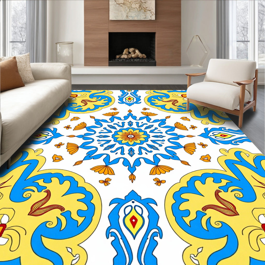 Vibrant Yellow Blue Medallion Floral Rug