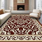 Dark Red Cream Damask Scroll Medallion Rug